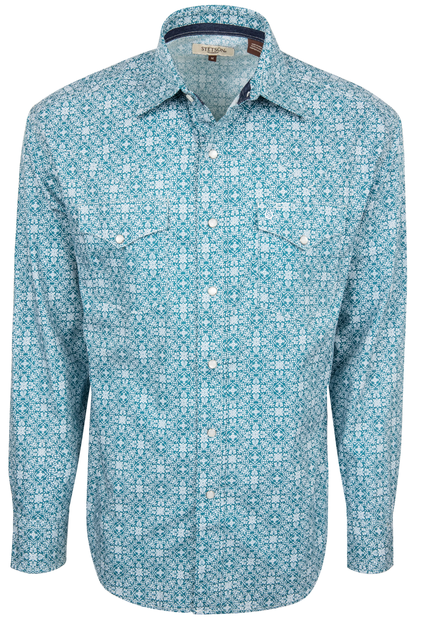 Stetson Medallion Print Long Sleeve Snap Shirt - Teal