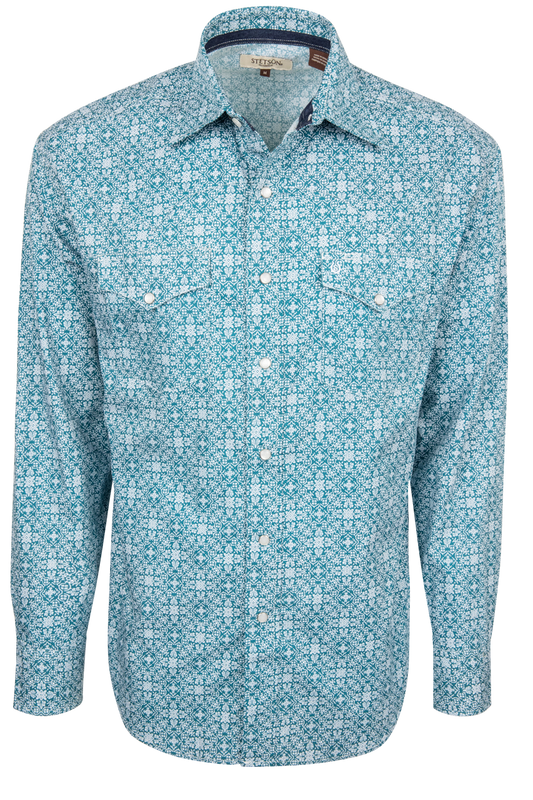 Stetson Medallion Print Long Sleeve Snap Shirt - Teal