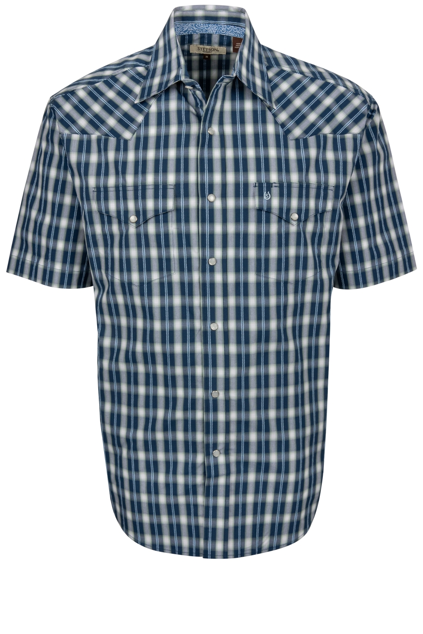 Stetson Men's Plaid Short Sleeve Snap Shirt - Navy