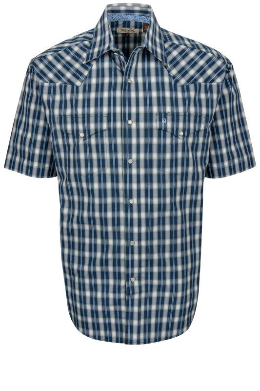 Stetson Men's Plaid Short Sleeve Snap Shirt - Navy
