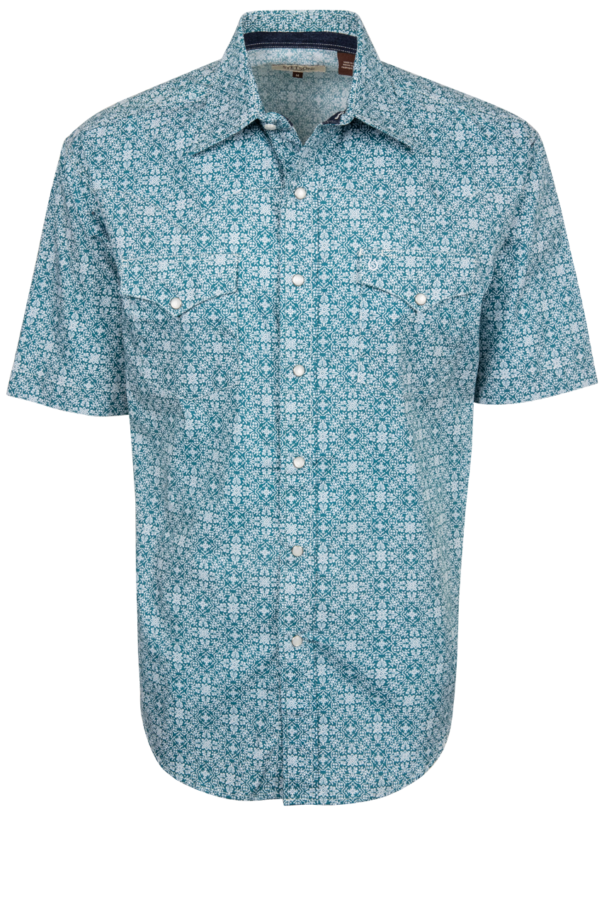 Teal filigree print short sleeve snap shirt