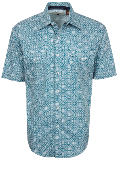 Teal filigree print short sleeve snap shirt