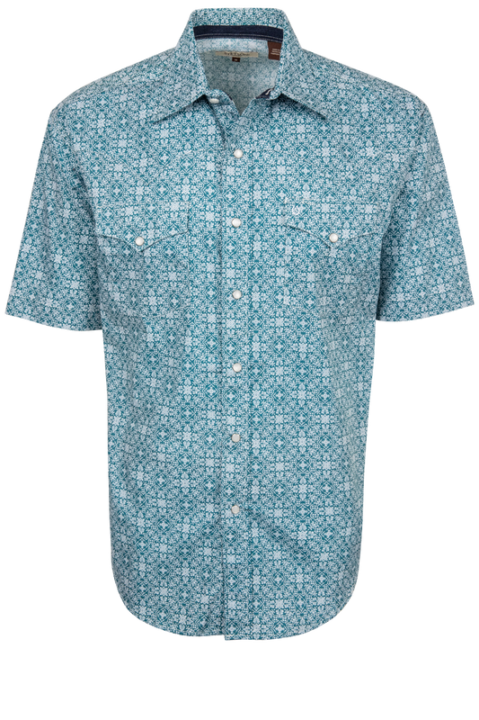 Teal filigree print short sleeve snap shirt