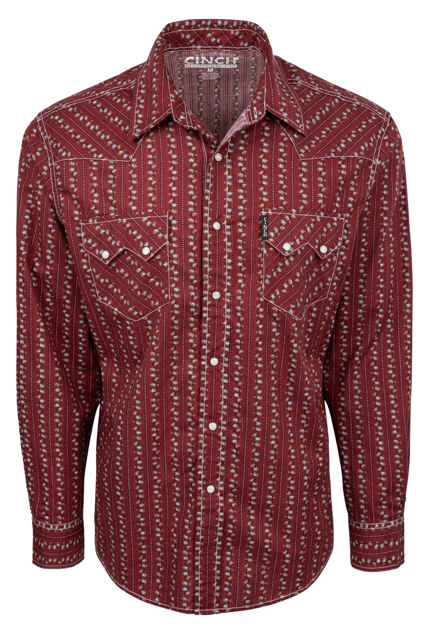 Cinch Floral Vine Western Snap Shirt - Burgundy