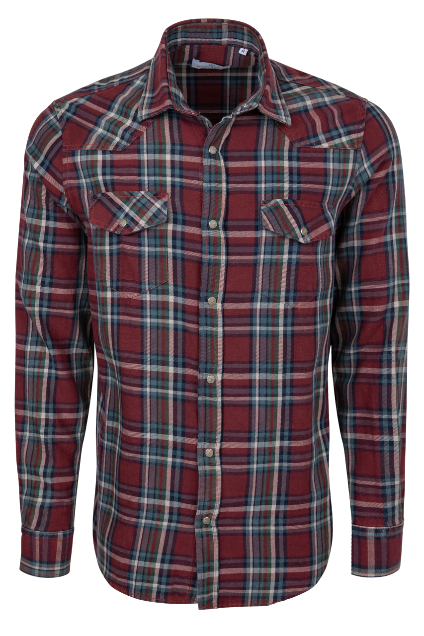Pinto Ranch Plaid Western Snap Shirt - Burgundy