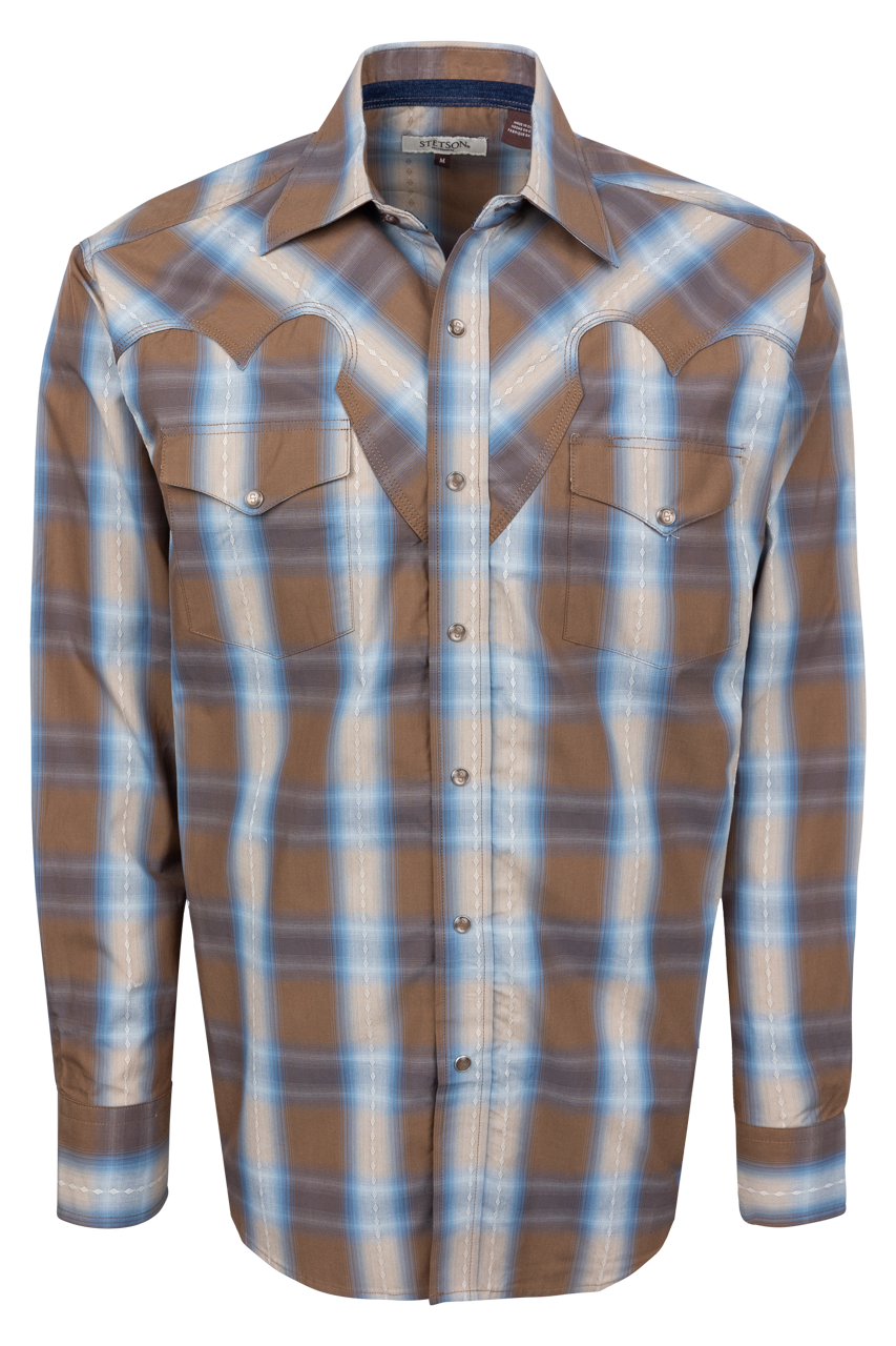 Stetson Men's Dobby Plaid Western Shirt - Chocolate
