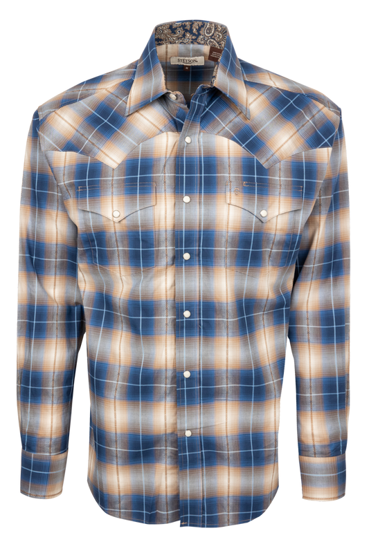 Stetson Men's Dobby Plaid Western Shirt - Blue Sundown