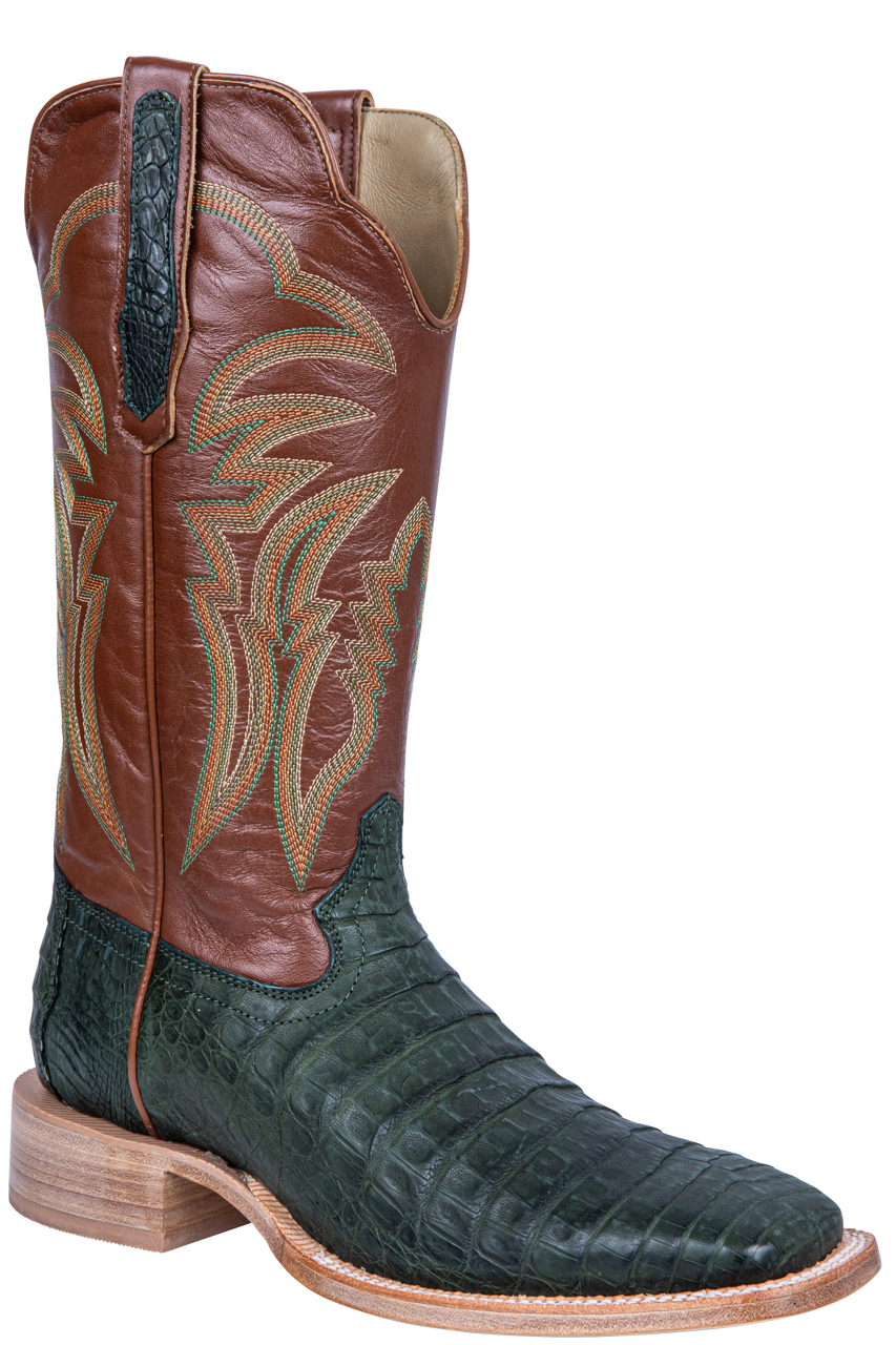 R. Watson Nubuck Caiman Belly Cowboy Boots - Olive