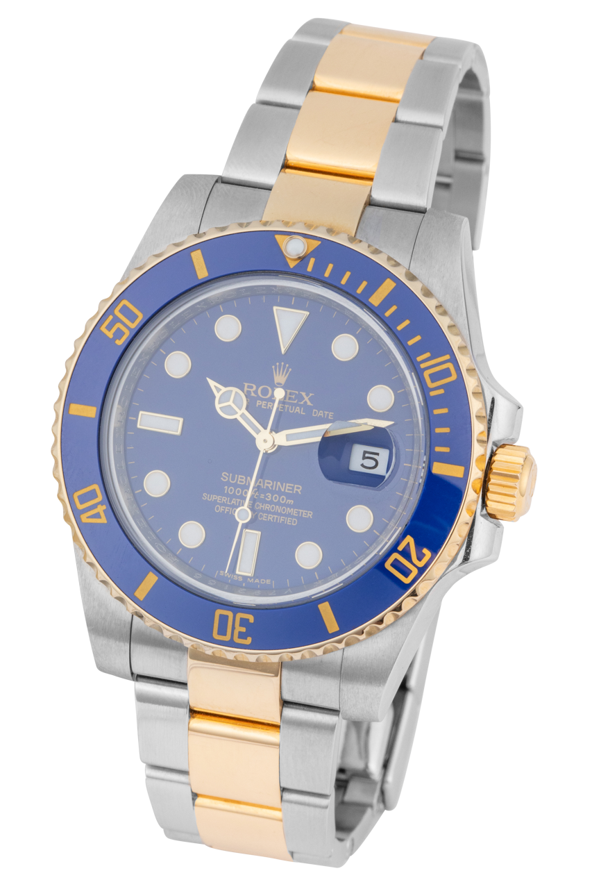 Rolex Submariner Date watch with a two-tone stainless steel and yellow gold bracelet, featuring a blue dial and a blue bezel with gold markings.