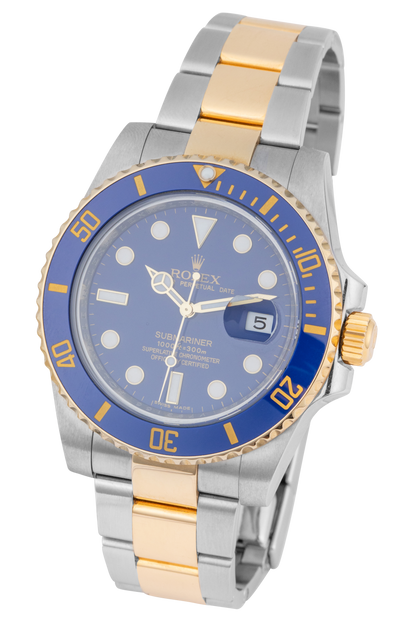 Rolex Submariner Date watch with a two-tone stainless steel and yellow gold bracelet, featuring a blue dial and a blue bezel with gold markings.