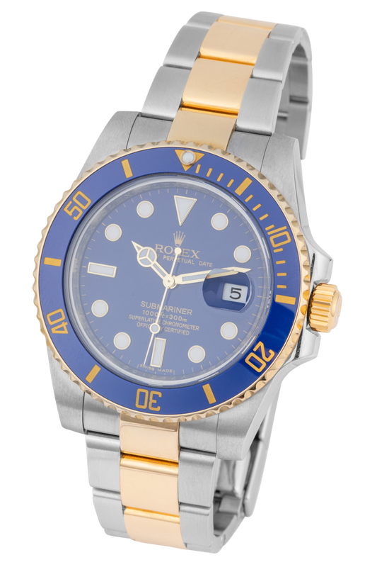 Rolex Submariner Date watch with a two-tone stainless steel and yellow gold bracelet, featuring a blue dial and a blue bezel with gold markings.