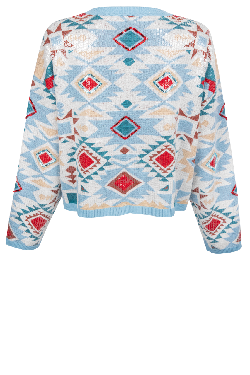 Queen of Sparkles Blue Sequin Aztec Sweater