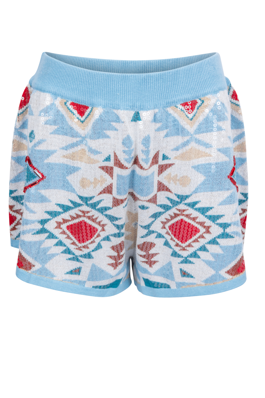 Queen of Sparkles Blue Sequin Aztec Shorts