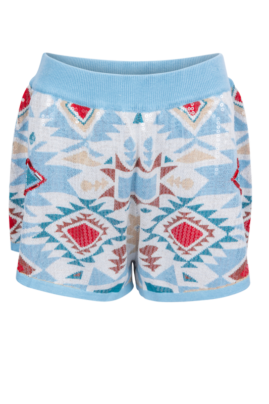Queen of Sparkles Blue Sequin Aztec Shorts