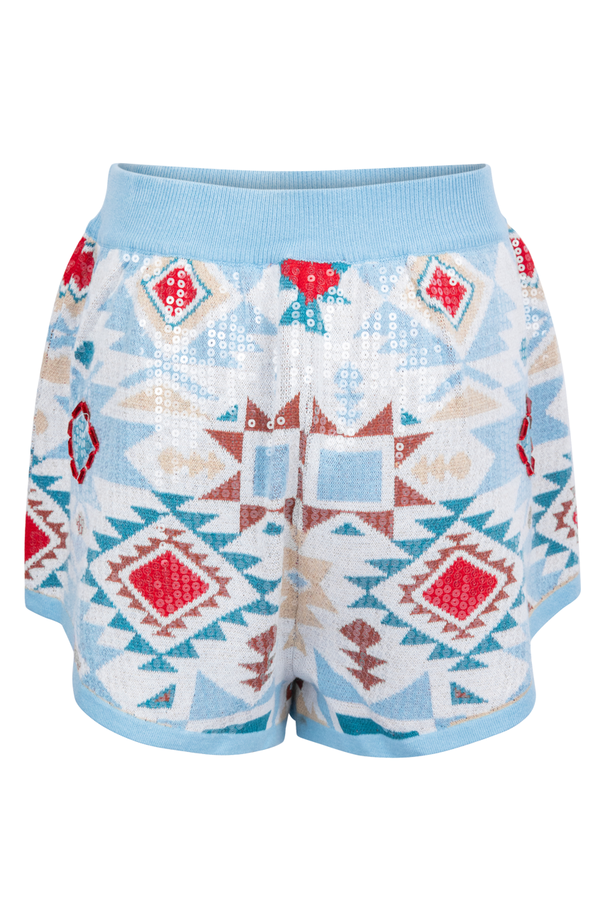 Queen of Sparkles Blue Sequin Aztec Shorts