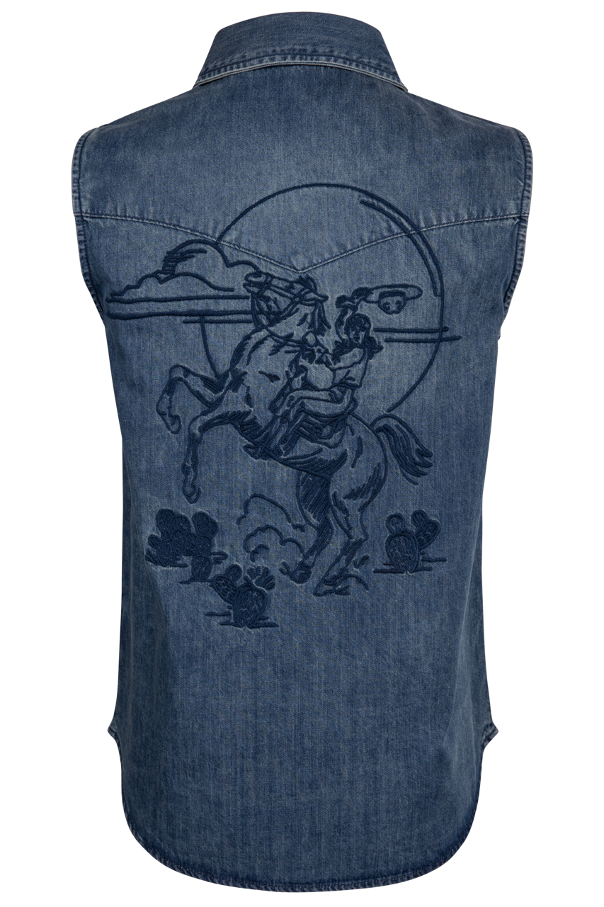 Cowgirl Embroidered Denim Sleeveless Shirt