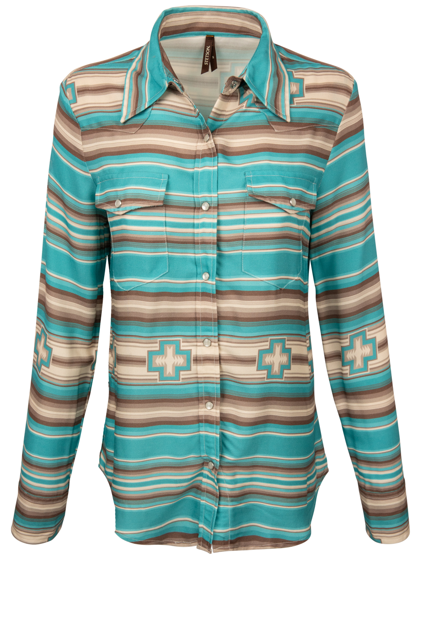 Teal and brown serape print button down western shirt