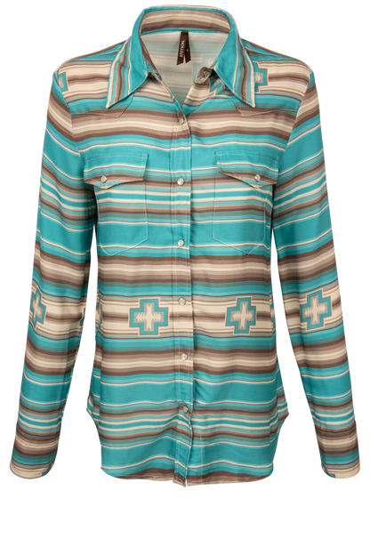 Teal and brown serape print button down western shirt