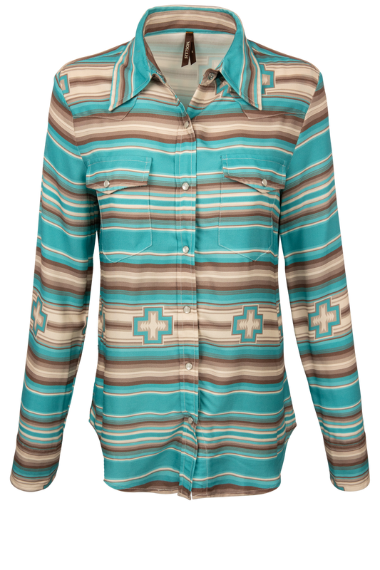Teal and brown serape print button down western shirt
