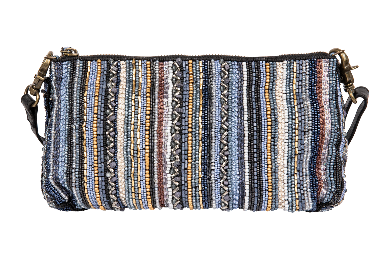 Striped fabric pouch with a zipper on a white background
