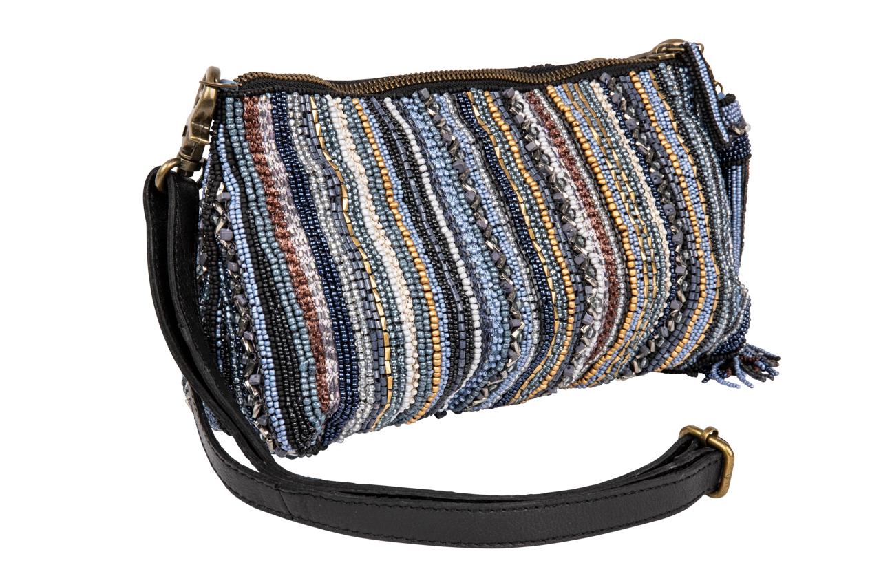 Multicolored striped handbag with a black strap on a white background