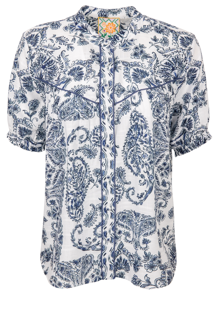 White puff sleeve shirt with blue paisley floral print