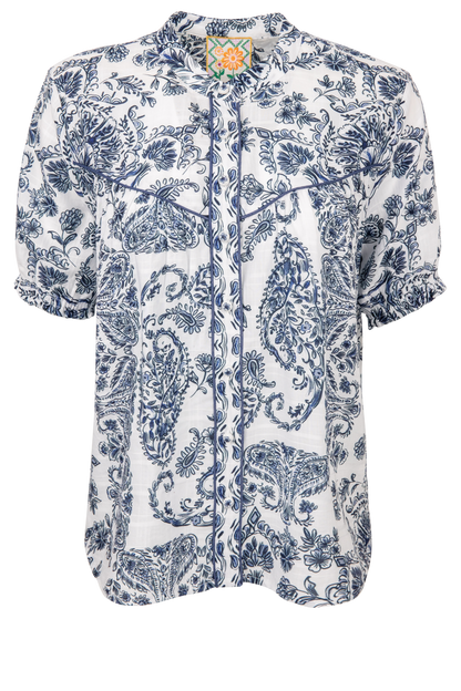 White puff sleeve shirt with blue paisley floral print