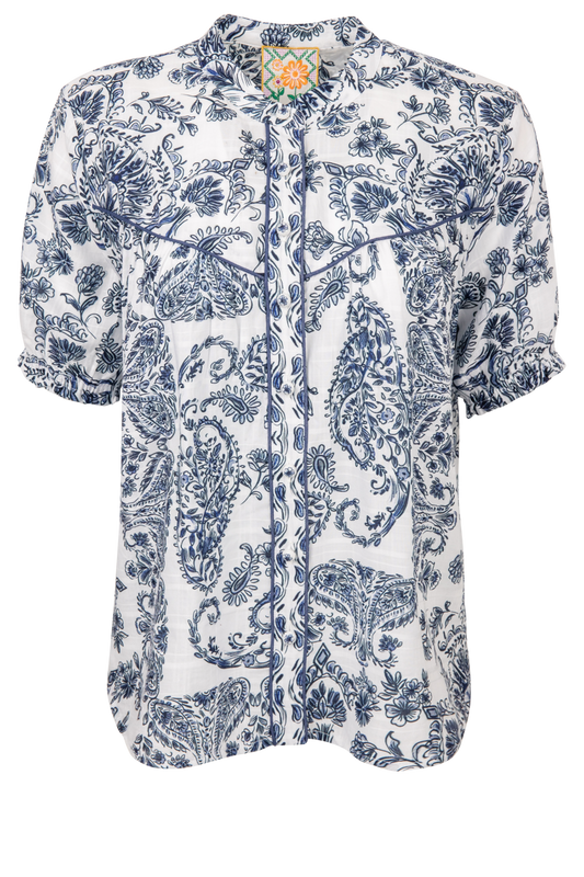 White puff sleeve shirt with blue paisley floral print