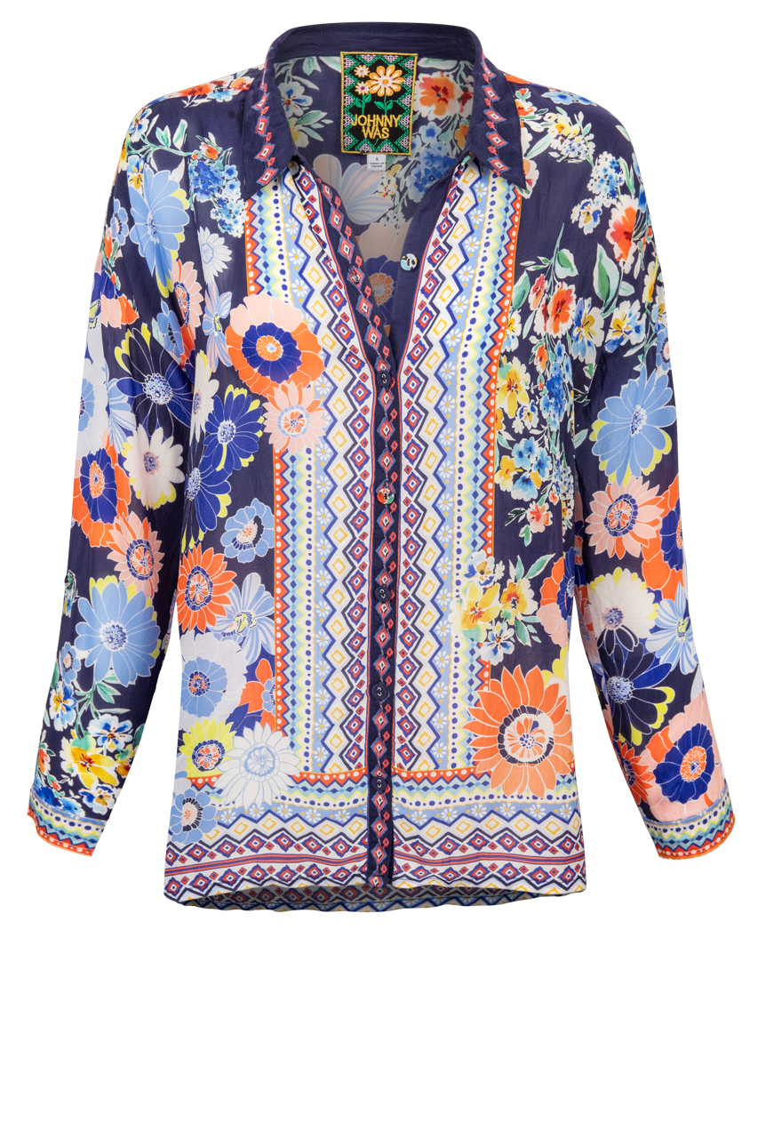 Colorful floral and geometric printed button down blouse