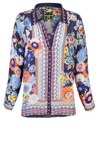 Colorful floral and geometric printed button down blouse