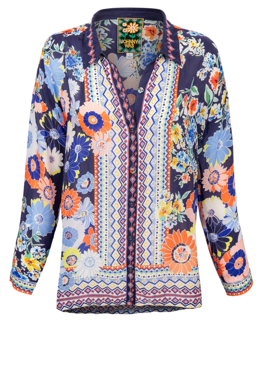 Colorful floral and geometric printed button down blouse