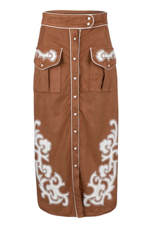 Blue B Embroidered Suede Midi Skirt