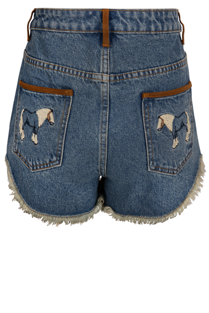 Horse Embroidered Denim Shorts