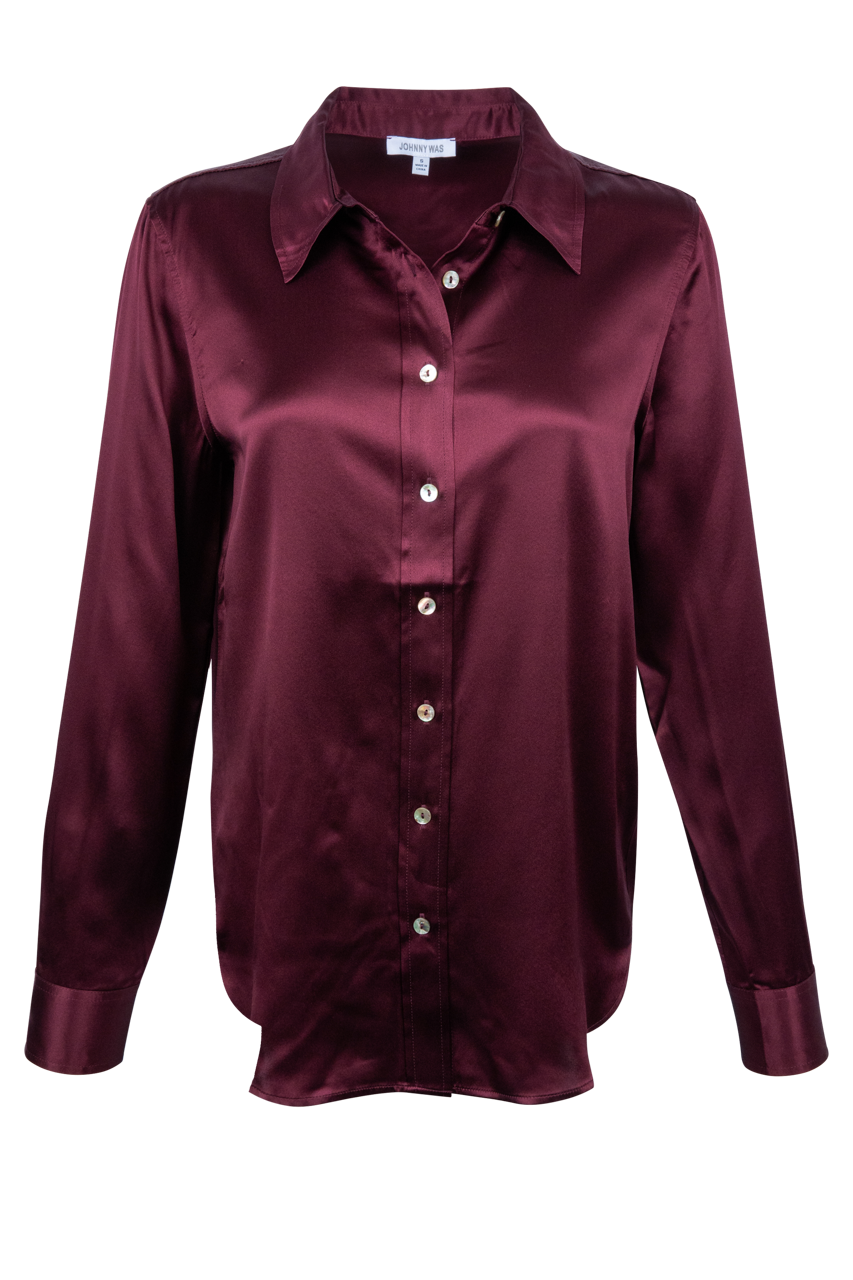 Johnny Was Silk Collared Button Down Shirt - Wine
