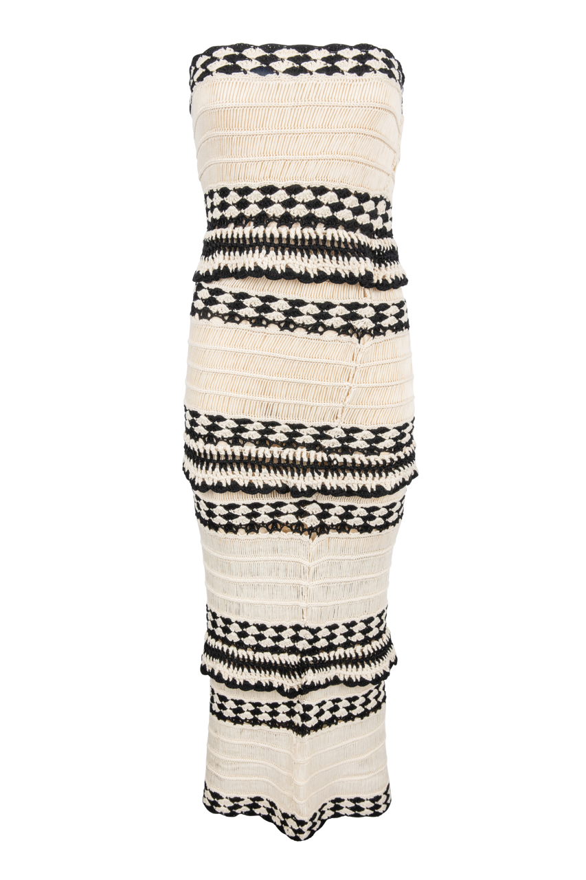 Line & Dot Muse Crochet Dress | Tan/Print | Size L