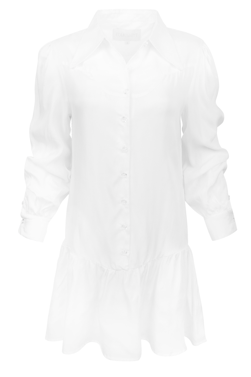 A white long-sleeve button-front shirt dress with a pointed collar and a flared ruffled hem