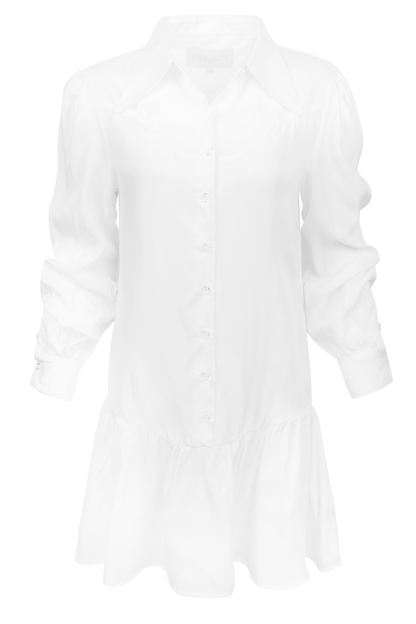A white long-sleeve button-front shirt dress with a pointed collar and a flared ruffled hem