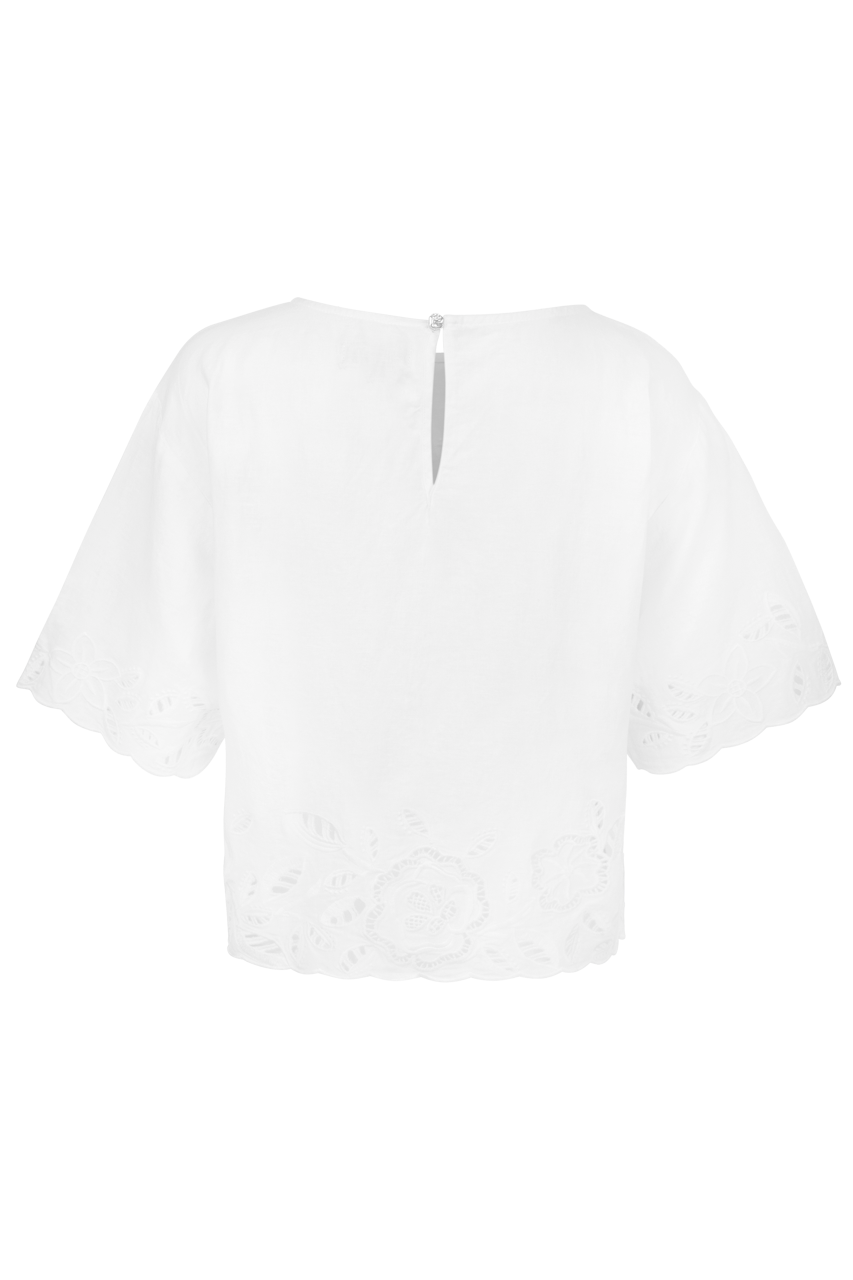 White short-sleeve blouse shown from the back, featuring a keyhole back closure with a tie and delicate lace trim at the hem and sleeves.