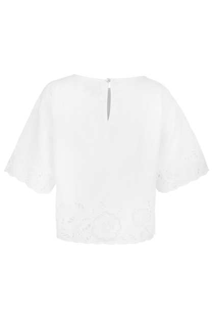 White short-sleeve blouse shown from the back, featuring a keyhole back closure with a tie and delicate lace trim at the hem and sleeves.