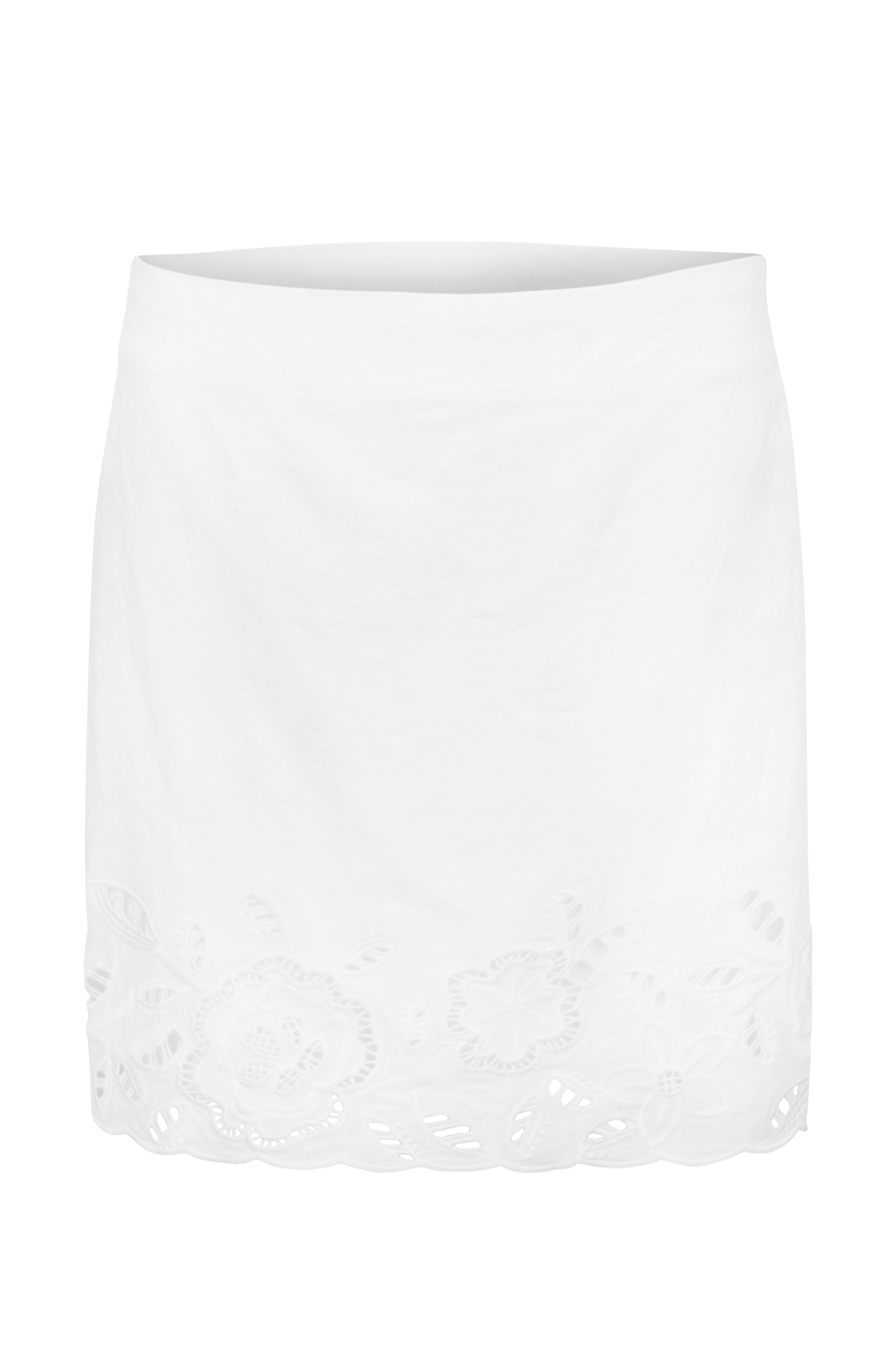A white mini skirt featuring a scalloped eyelet lace hem with floral cutout patterns, shown against a plain white background.