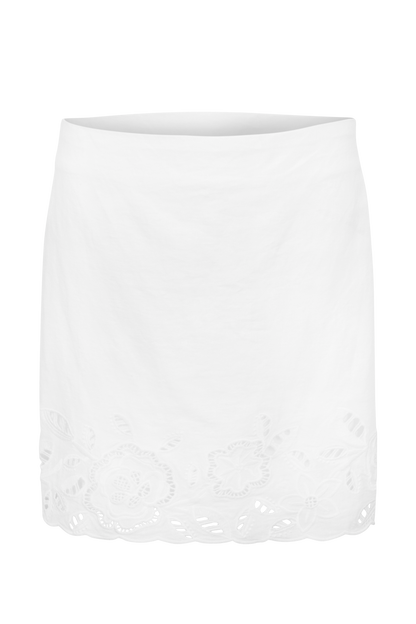A white mini skirt featuring a scalloped eyelet lace hem with floral cutout patterns, shown against a plain white background.