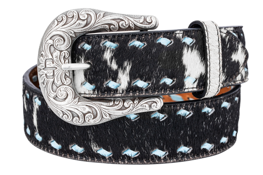 Belt with black and white cowhide pattern and silver buckle on a white background