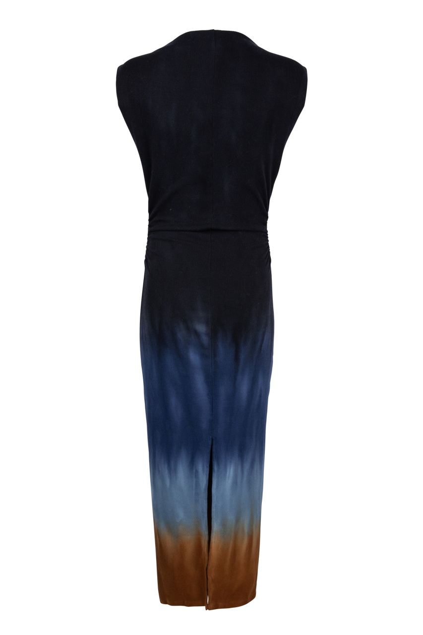 A sleeveless midi dress with a tie-dye ombre pattern, shown from the back. The dress features a dark navy blue top that fades into lighter blue and then transitions to a warm brown at the bottom hem.