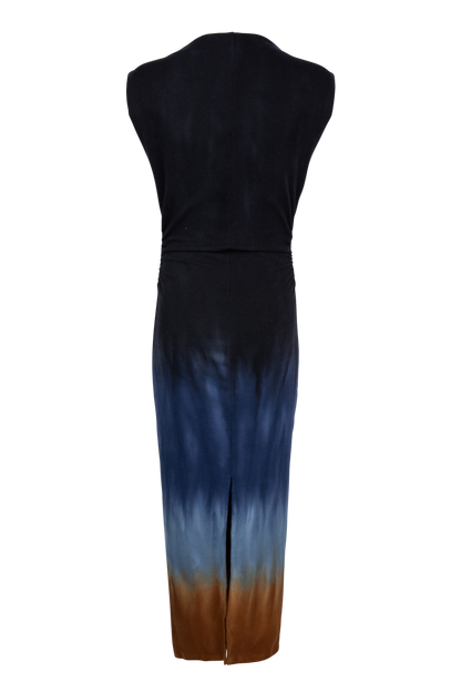 A sleeveless midi dress with a tie-dye ombre pattern, shown from the back. The dress features a dark navy blue top that fades into lighter blue and then transitions to a warm brown at the bottom hem.