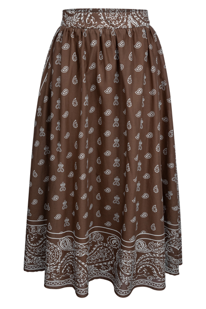 Peace Love Line Brown Paisley Midi Skirt