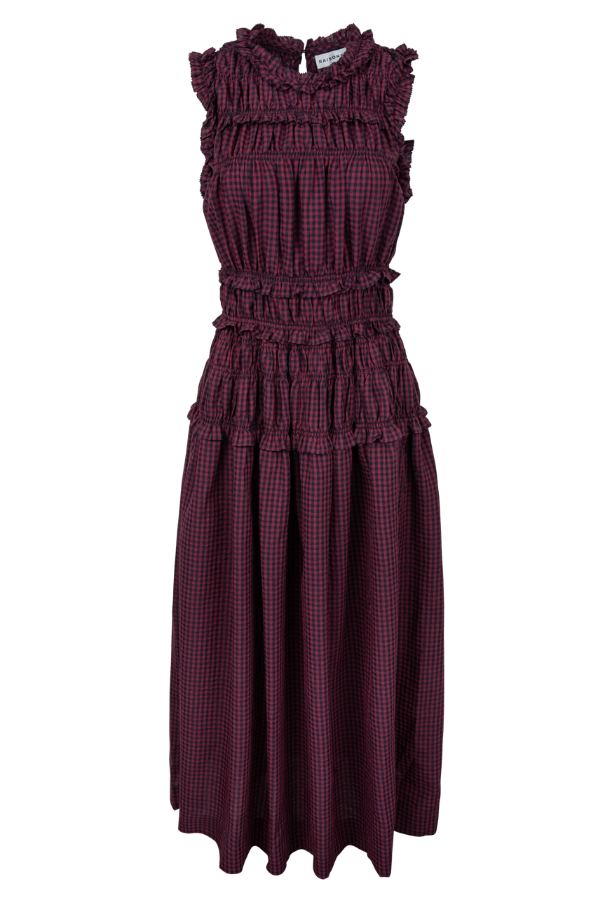 Raisonnel Smocked Ruffle Plaid Maxi Dress - Wine