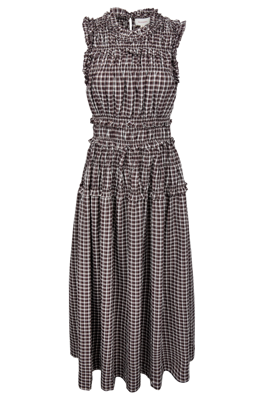Raisonnel Smocked Ruffle Plaid Maxi Dress - Brown