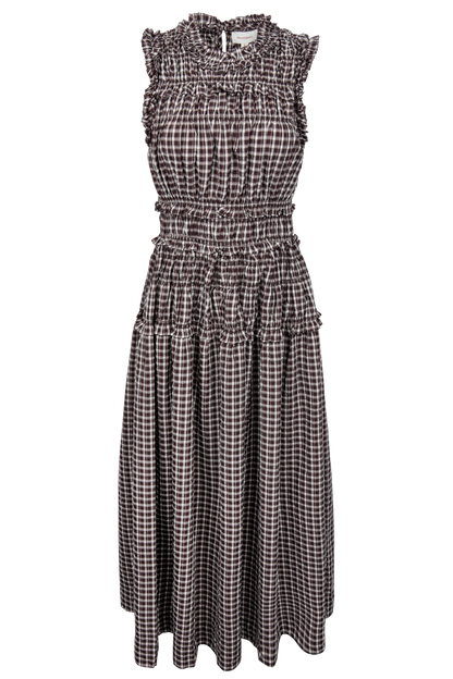 Raisonnel Smocked Ruffle Plaid Maxi Dress - Brown