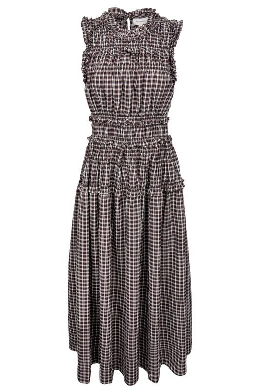 Raisonnel Smocked Ruffle Plaid Maxi Dress - Brown