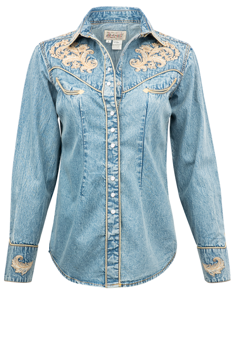 ■R.SHEMISTE■ FLORAL JACQUARD WESTERN SHIRT BLUE Rockmount Women's Art Deco Tulip Embroidery Cotton Western Shirt